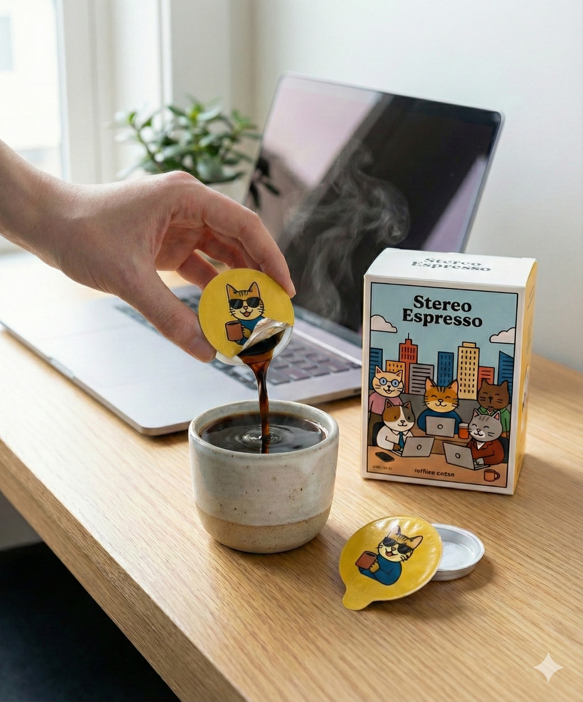 Moins Coffee Cube im Reise- oder Office-Setup neben Tasse